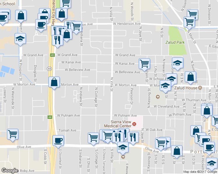 map of restaurants, bars, coffee shops, grocery stores, and more near 393 North Villa Street in Porterville