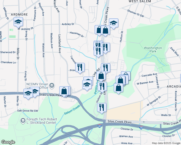 map of restaurants, bars, coffee shops, grocery stores, and more near 1341 Waybridge Lane in Winston-Salem