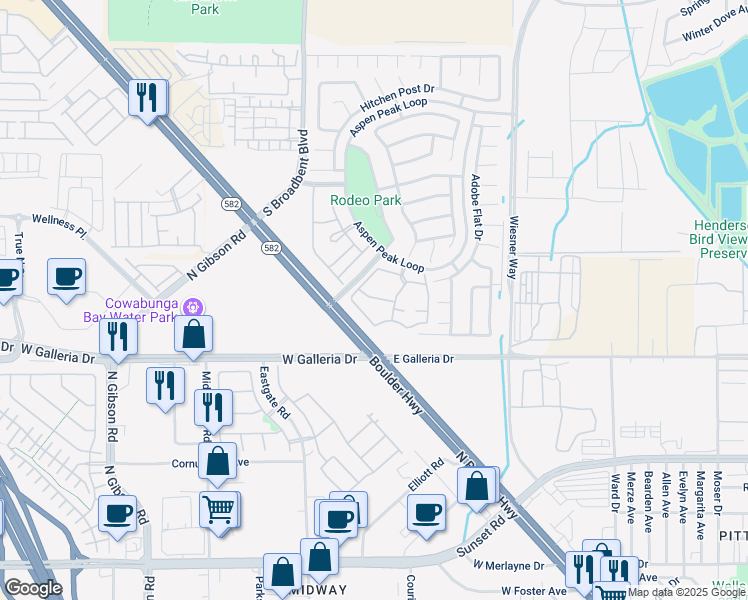 map of restaurants, bars, coffee shops, grocery stores, and more near 701 Aspen Peak Loop in Henderson