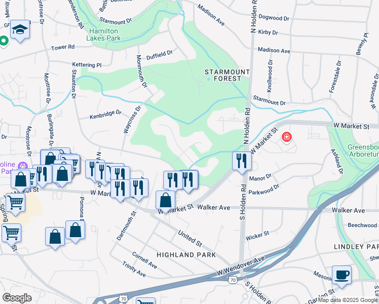 map of restaurants, bars, coffee shops, grocery stores, and more near 106 Manchester Place in Greensboro