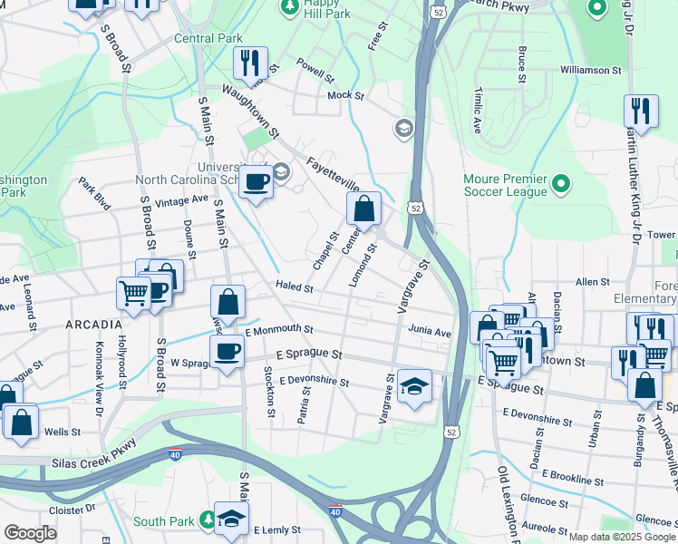 map of restaurants, bars, coffee shops, grocery stores, and more near 1817 Center Street Southeast in Winston-Salem