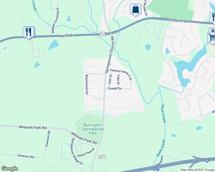 map of restaurants, bars, coffee shops, grocery stores, and more near 114 Cale Drive in Burlington