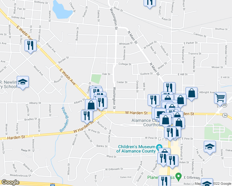 map of restaurants, bars, coffee shops, grocery stores, and more near 307 Washington Street in Graham