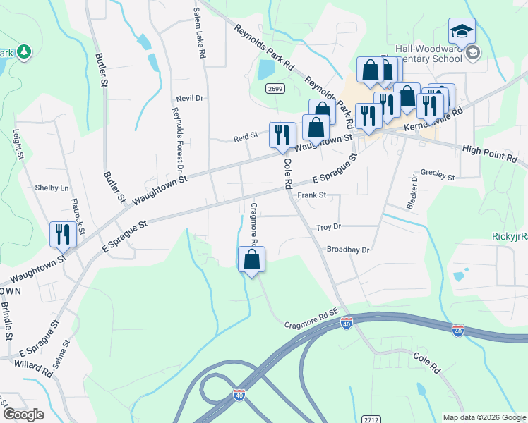 map of restaurants, bars, coffee shops, grocery stores, and more near 2704 East Sprague Street in Winston-Salem