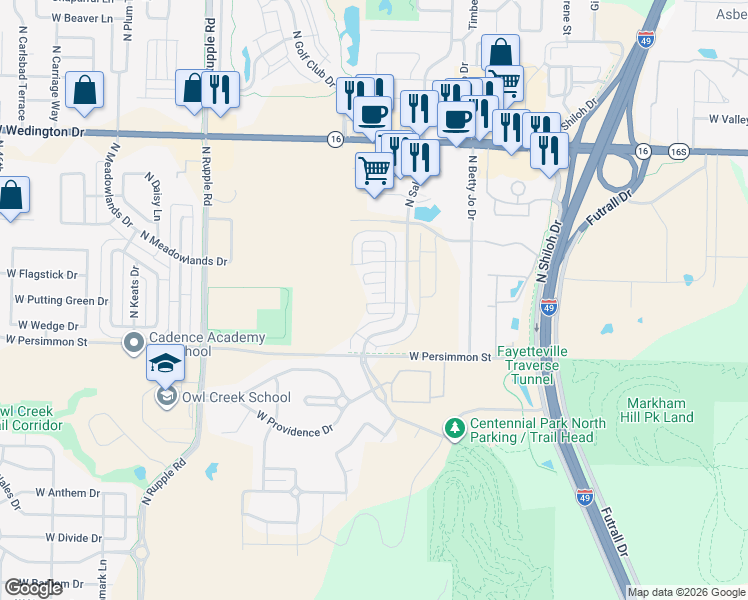 map of restaurants, bars, coffee shops, grocery stores, and more near 3458 West Pinot Lane in Fayetteville