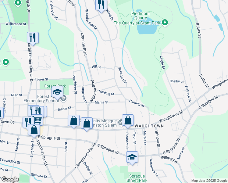 map of restaurants, bars, coffee shops, grocery stores, and more near 1726 Pleasant Street in Winston-Salem