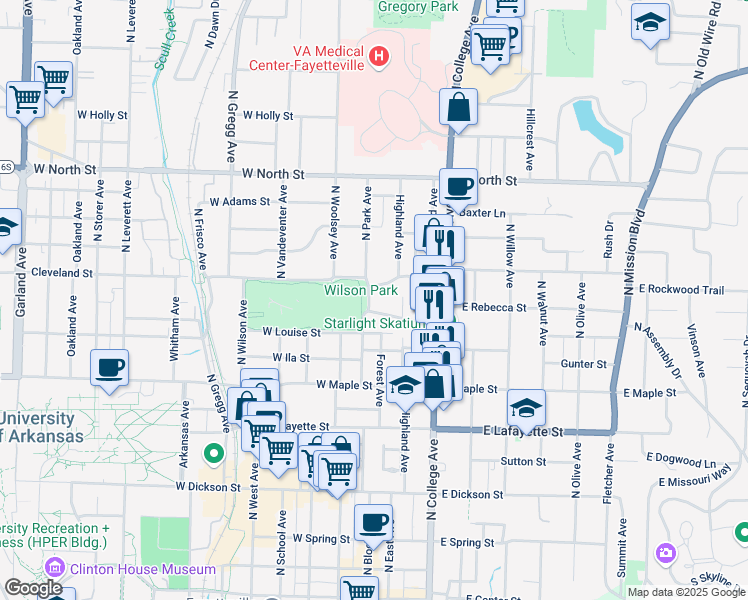 map of restaurants, bars, coffee shops, grocery stores, and more near 675 North Park Avenue in Fayetteville