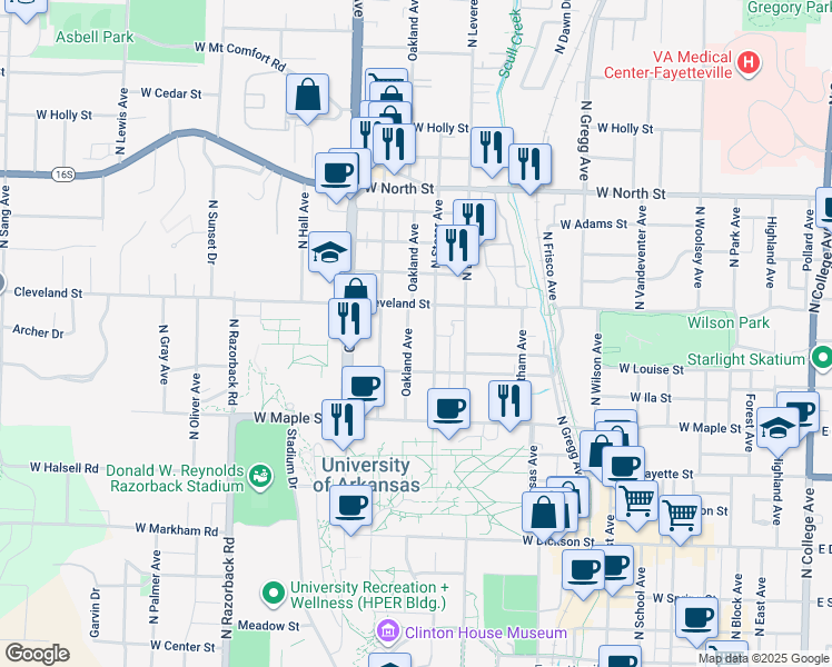 map of restaurants, bars, coffee shops, grocery stores, and more near 901 Cleveland Street in Fayetteville
