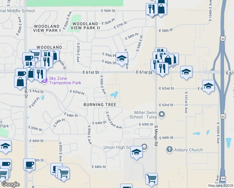 map of restaurants, bars, coffee shops, grocery stores, and more near 9025 East 62nd Street in Tulsa