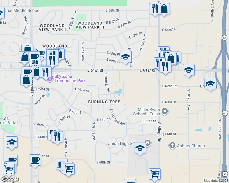 map of restaurants, bars, coffee shops, grocery stores, and more near 9006 East 62nd Street in Tulsa