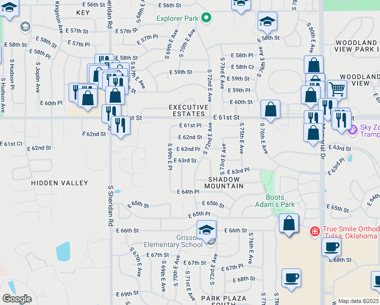 map of restaurants, bars, coffee shops, grocery stores, and more near 6929 East 62nd Place in Tulsa