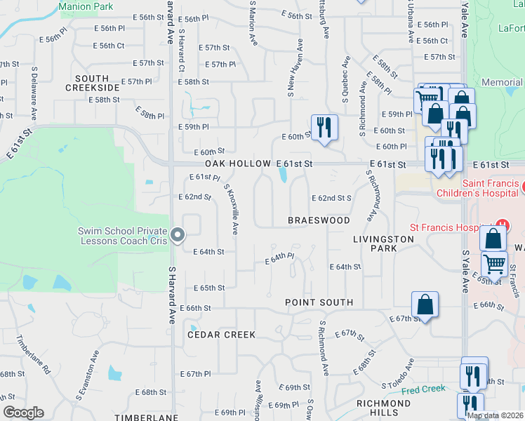 map of restaurants, bars, coffee shops, grocery stores, and more near 6140 South Marion Avenue in Tulsa