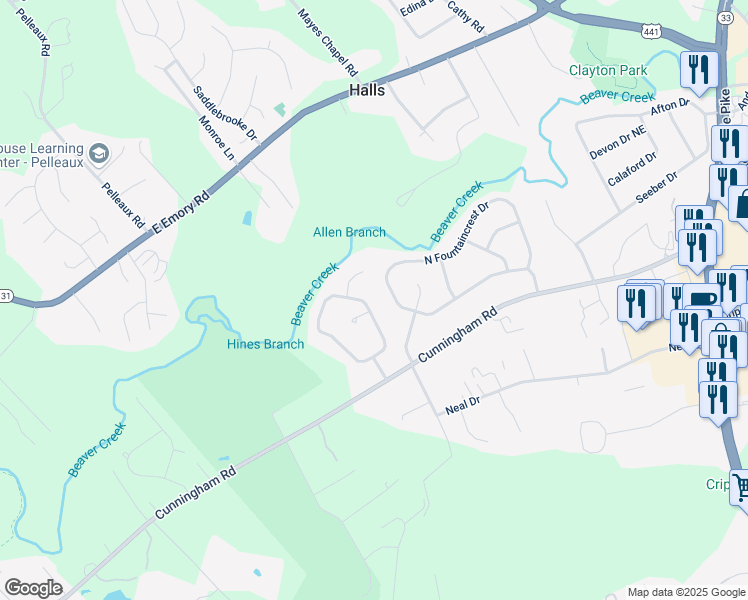 map of restaurants, bars, coffee shops, grocery stores, and more near 3416 North Fountaincrest Drive in Knoxville