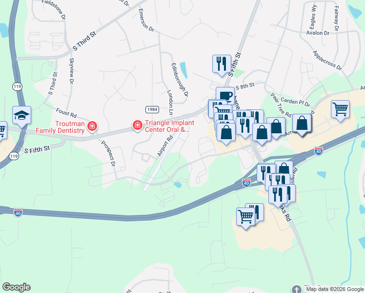map of restaurants, bars, coffee shops, grocery stores, and more near 809 Socata Lane in Mebane