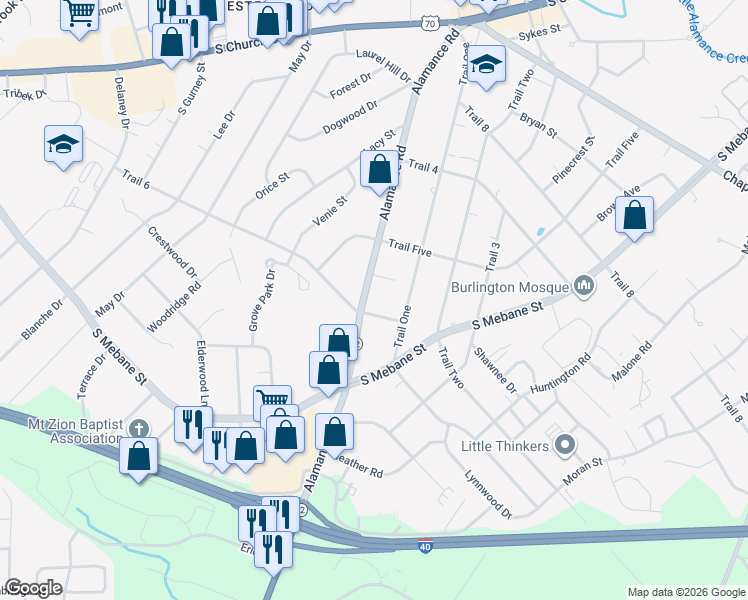 map of restaurants, bars, coffee shops, grocery stores, and more near 507 Alamance Road in Burlington