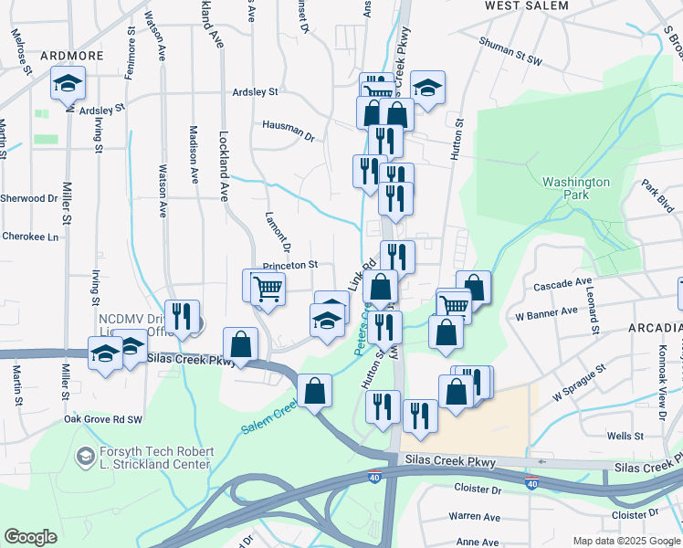 map of restaurants, bars, coffee shops, grocery stores, and more near 1341 Waybridge Lane in Winston-Salem