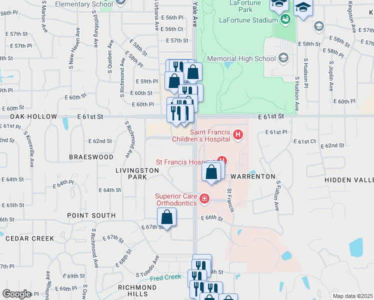 map of restaurants, bars, coffee shops, grocery stores, and more near 6100 South Yale Avenue in Tulsa