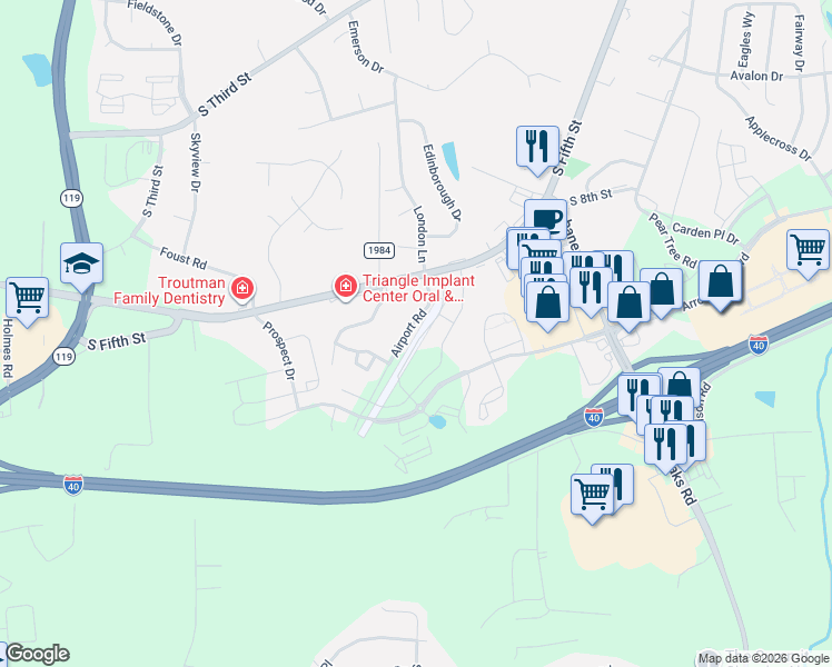map of restaurants, bars, coffee shops, grocery stores, and more near 1033 Mebane Airport Road in Mebane