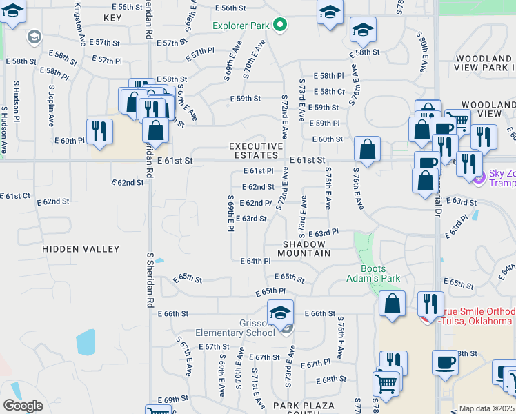 map of restaurants, bars, coffee shops, grocery stores, and more near 6929 East 62nd Place in Tulsa