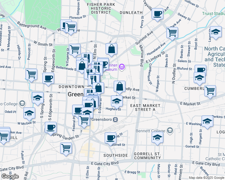 map of restaurants, bars, coffee shops, grocery stores, and more near 113 North Church Street in Greensboro