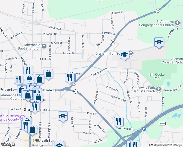 map of restaurants, bars, coffee shops, grocery stores, and more near 606 Townbranch Road in Graham