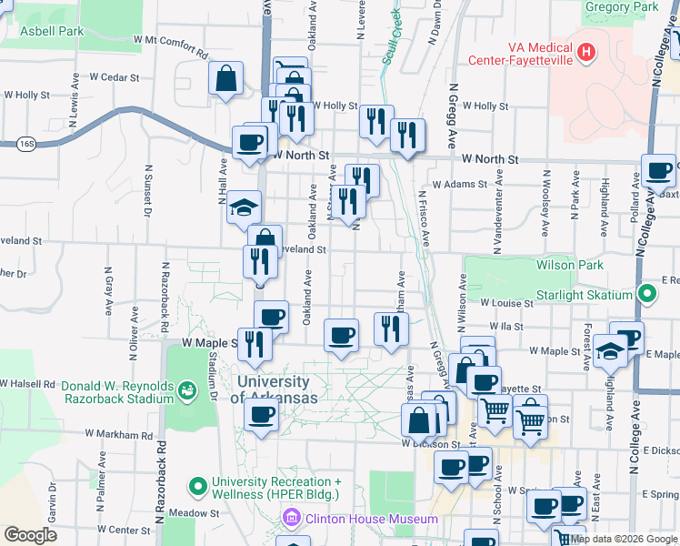 map of restaurants, bars, coffee shops, grocery stores, and more near 685 North Leverett Avenue in Fayetteville