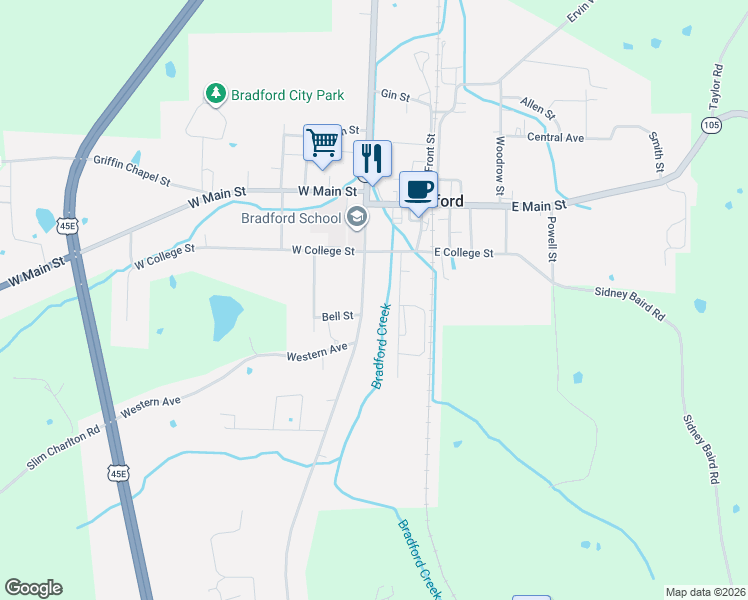 map of restaurants, bars, coffee shops, grocery stores, and more near 226 Alexander Street in Bradford