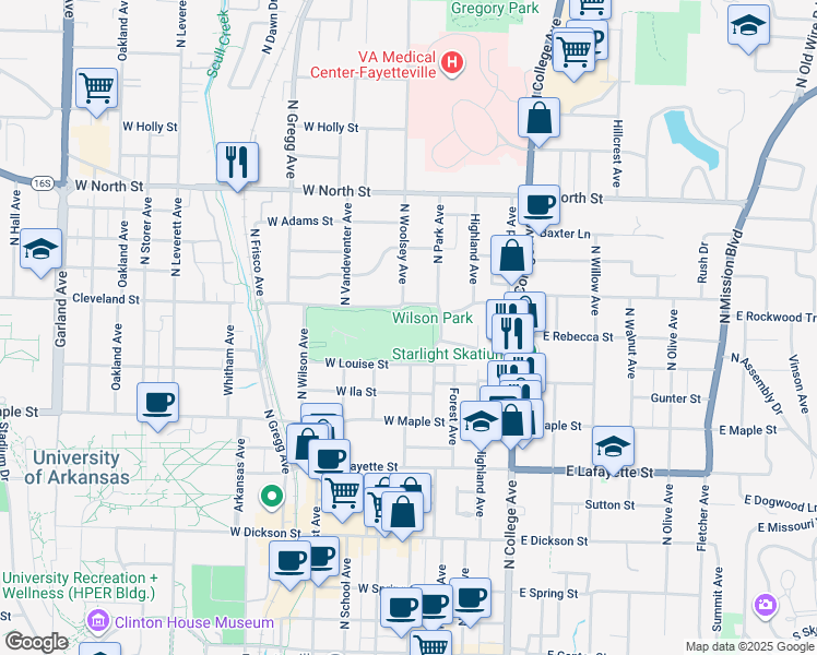 map of restaurants, bars, coffee shops, grocery stores, and more near 675 North Park Avenue in Fayetteville