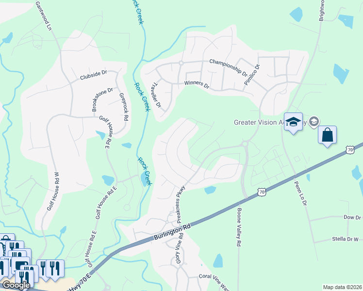 map of restaurants, bars, coffee shops, grocery stores, and more near 732 Breeders Cup Drive in Whitsett