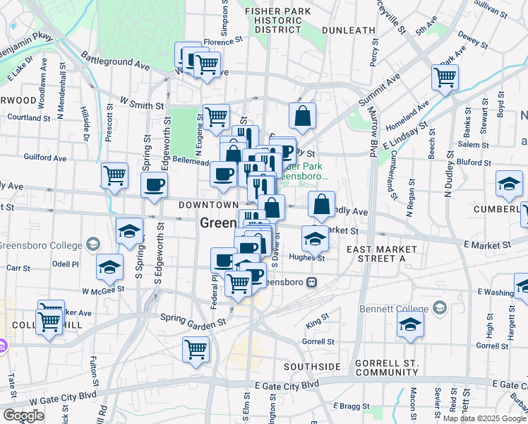 map of restaurants, bars, coffee shops, grocery stores, and more near 206 North Elm Street in Greensboro