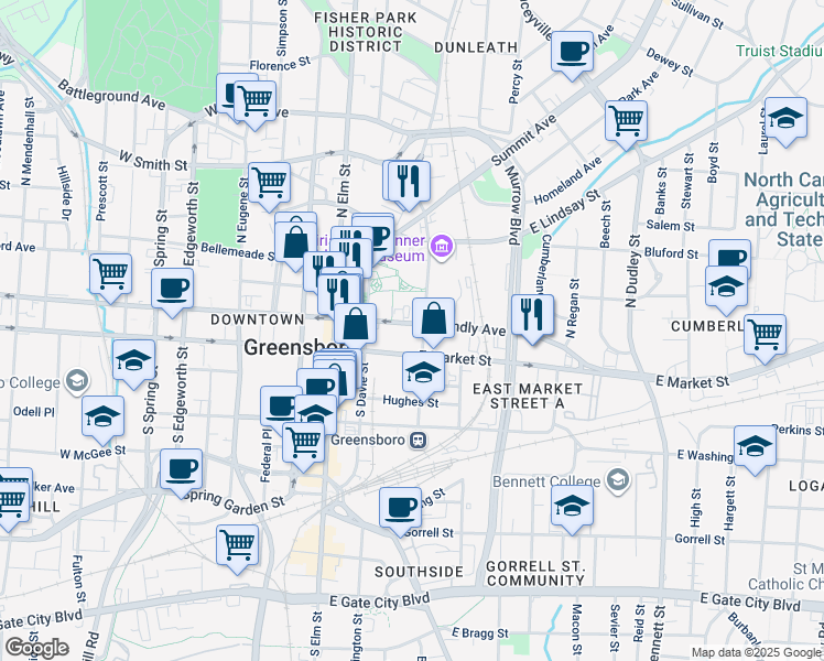map of restaurants, bars, coffee shops, grocery stores, and more near 113 North Church Street in Greensboro
