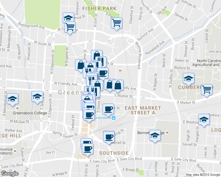 map of restaurants, bars, coffee shops, grocery stores, and more near 113 North Church Street in Greensboro