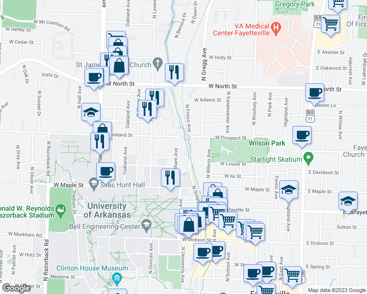 map of restaurants, bars, coffee shops, grocery stores, and more near 656 Whitham Avenue in Fayetteville