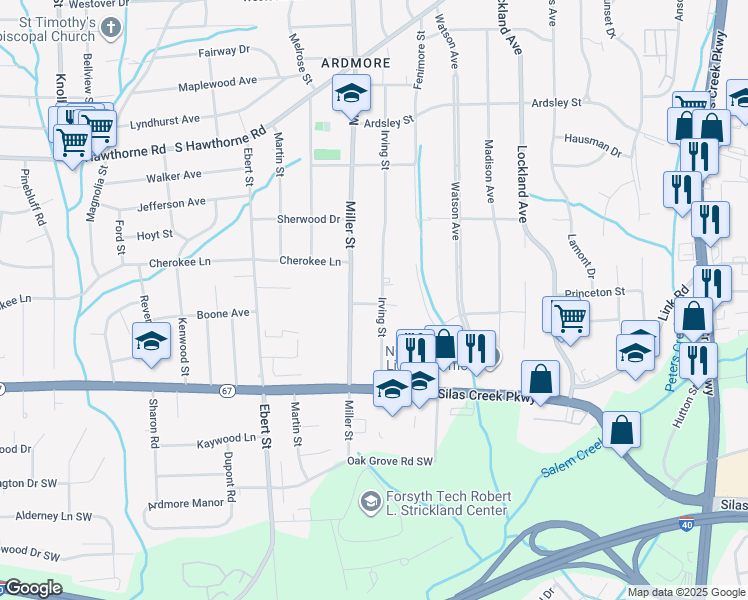 map of restaurants, bars, coffee shops, grocery stores, and more near 1320 Irving Street in Winston-Salem