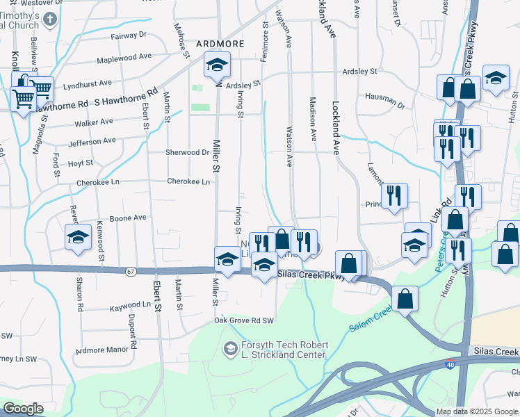 map of restaurants, bars, coffee shops, grocery stores, and more near 1216 Fenimore Street in Winston-Salem