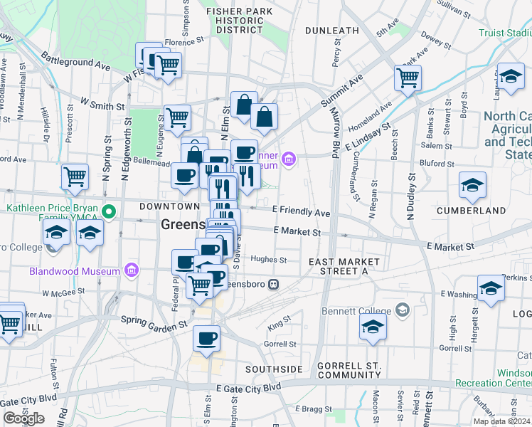 map of restaurants, bars, coffee shops, grocery stores, and more near 113 North Church Street in Greensboro