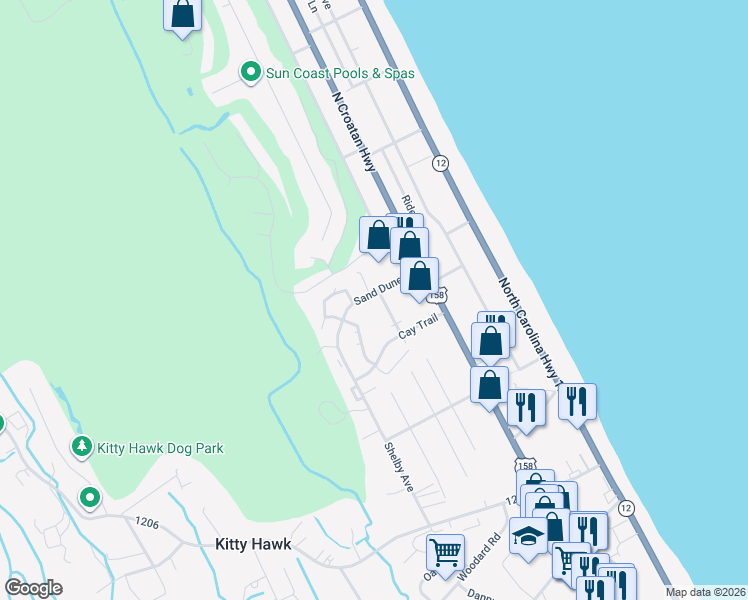 map of restaurants, bars, coffee shops, grocery stores, and more near 1600 Sand Dollar Circle in Kitty Hawk