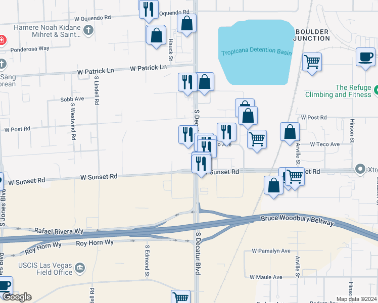 map of restaurants, bars, coffee shops, grocery stores, and more near 6435 South Decatur Boulevard in Las Vegas