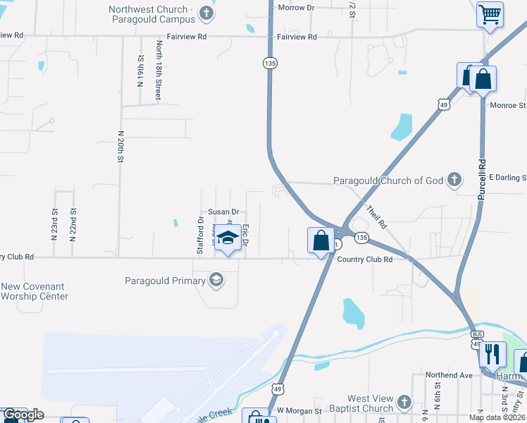 map of restaurants, bars, coffee shops, grocery stores, and more near 1403 Amanda Lane in Paragould