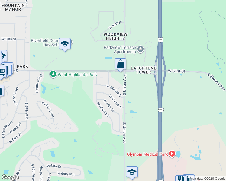 map of restaurants, bars, coffee shops, grocery stores, and more near 1813 West 62nd Street South in Tulsa