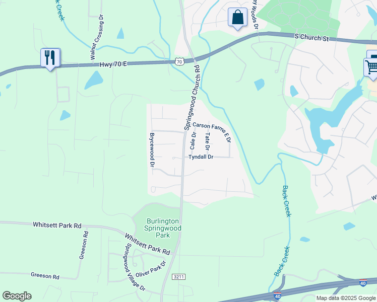 map of restaurants, bars, coffee shops, grocery stores, and more near 114 Cale Drive in Burlington