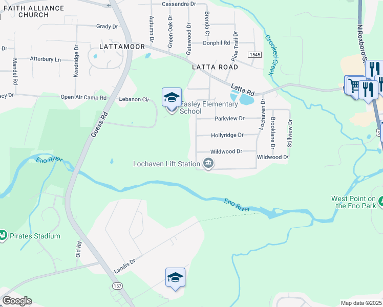 map of restaurants, bars, coffee shops, grocery stores, and more near 4601 Kinlock Drive in Durham