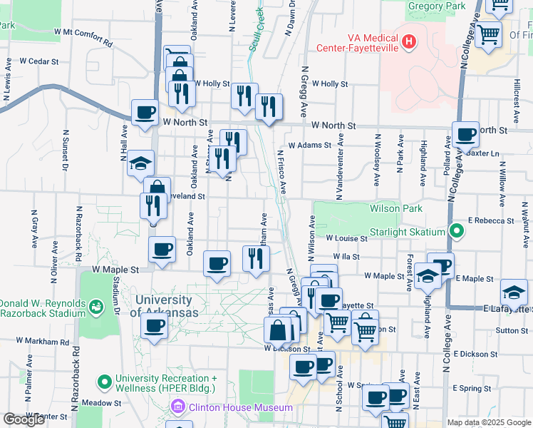 map of restaurants, bars, coffee shops, grocery stores, and more near 688 Whitham Avenue in Fayetteville