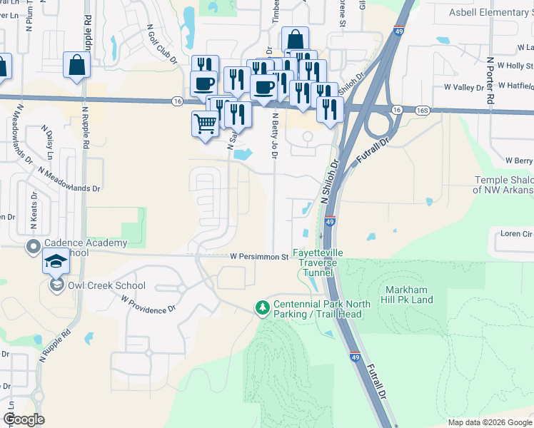 map of restaurants, bars, coffee shops, grocery stores, and more near 626 North Betty Jo Drive in Fayetteville