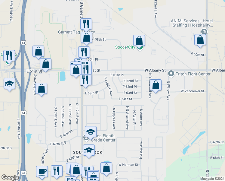 map of restaurants, bars, coffee shops, grocery stores, and more near 6315 South 116th East Avenue in Broken Arrow