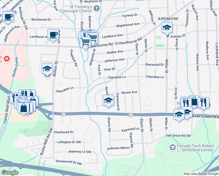 map of restaurants, bars, coffee shops, grocery stores, and more near 1316 Kenwood Street in Winston-Salem