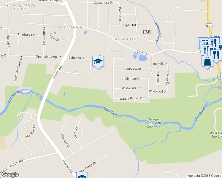 map of restaurants, bars, coffee shops, grocery stores, and more near 4601 Kinlock Drive in Durham