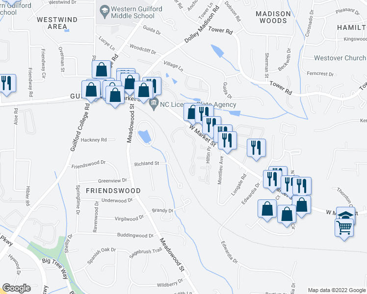 map of restaurants, bars, coffee shops, grocery stores, and more near 5515 West Market Street in Greensboro