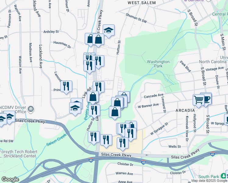 map of restaurants, bars, coffee shops, grocery stores, and more near 1121 Hutton Street in Winston-Salem