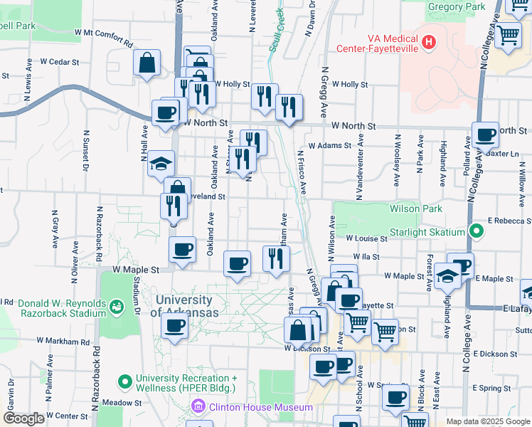 map of restaurants, bars, coffee shops, grocery stores, and more near 729 Cleveland Street in Fayetteville